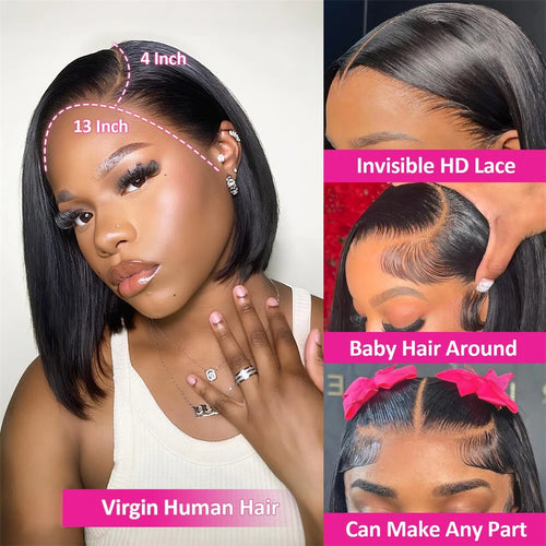 QD LUXURY Glueless Bob Wig 13/4 HD Lace Straight Bob |  180% Density